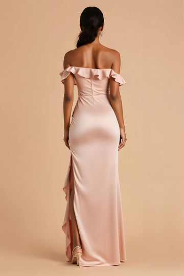 Off The Shoulder Sheath Candy Pink Bridesmaid Dress With Slit